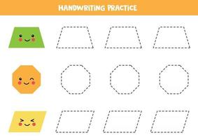 Trace contours of geometric shapes. Writing practice. vector