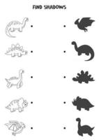 Encuentra las sombras correctas de los dinosaurios en blanco y negro. rompecabezas lógico para niños. vector