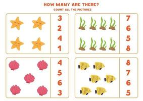 Counting game for kids. Count the amount of sea habitants. vector