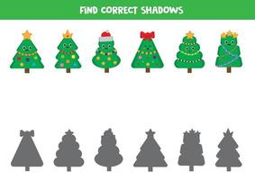 Coinciden con el árbol de Navidad y sus sombras. juego de lógica para niños. vector