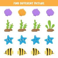 Logical game for kids. Find different picture in each row. Sea animals. vector