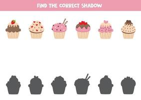 Encuentra las sombras correctas de los bonitos muffins de San Valentín. juego de lógica para niños. vector