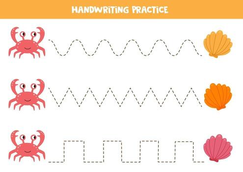 Educational game for kids. Tracing lines with crab and sea shells. vector