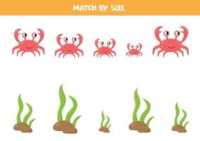 Matching game for kids. Sea animals. Sort by size. Crab and algae. vector