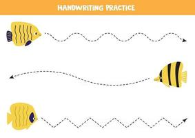 Tracing line with different yellow sea fish. Worksheet for kids. vector