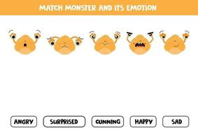 Match monster and its feelings. Game for kids. vector
