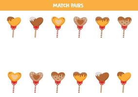 Match pairs of cartoon heart lollipops. Valentine day dessert. vector