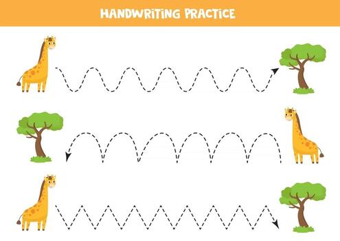Tracing lines with cartoon giraffe and safari tree. vector
