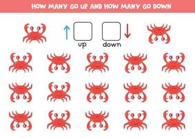 Spatial orientation for kids. Cute cartoon red crabs. Logical game. vector