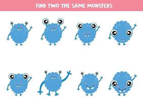 Find two the same cute cartoon monsters. Logical game for kids. vector