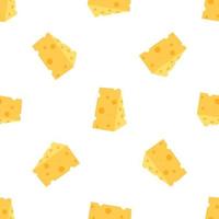 Cheese seamless pattern. Pieces of yellow cheese, isolated on a white background. Pieces of cheese of various shapes. Vector flat illustration