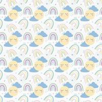 Rainbow with clouds, sun and hearts seamless pattern. Delicate childrens pattern. Design for textiles, paper, printing. Vector illustration