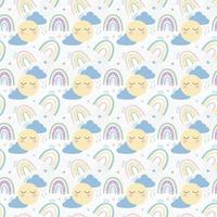 Rainbow with clouds, sun and hearts seamless pattern. Delicate childrens pattern. Design for textiles, paper, printing. Vector illustration