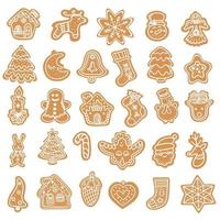 Collection of vector illustrations of graphic icons of traditional Xmas gingerbread cookies of various shapes