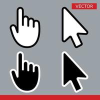 White and black arrow cursors and hand cursors icons signs with rounded angles flat style design vector illustration isolated on gray background