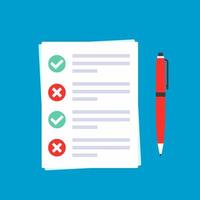 Papers with claim form on it, paper sheets, check marks tick OK and crosses X in the circle on the list, red pen isolated on light blue background flat style vector illustration