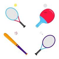 Raquetas de juegos deportivos y conjunto de ilustración de vector de diseño de estilo plano de murciélago aislado sobre fondo blanco. ping pong, tenis de mesa, raquetas de tenis y bádminton y bate de béisbol con pelotas y volante.