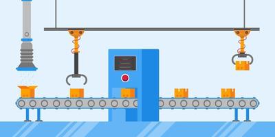 Smart industry 4.0 and technology assembly line flat style design vector illustration concept. Production conveyor belt with factory production line with robot arms, cardboard boxes and automated line