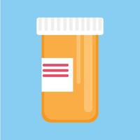 Pill bottle for capsules flat style design vector illustration. Medical container jar for tablet and medicine isolated on light blue background