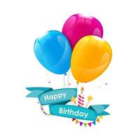 Happy Birthday Card Template with Balloons, Ribbon and Candle Ve vector