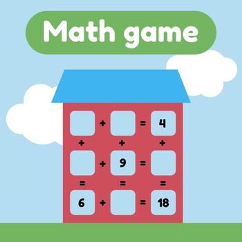 Vector illustration. Math game for preschool and school age children. Count and insert the correct numbers. Addition. House with windows.