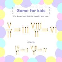 vector illustration. math game for kids. Put 1 matchstick so that the equality was true.