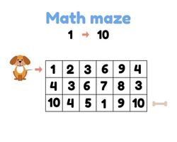 vector illustration. game for preschool children. mathematical maze. help the puppy to get to the bone. find numbers from 1 to 10