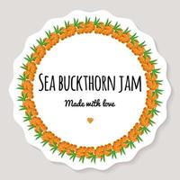 Vector illustration. Label for berry jam. Round frame of sea-buckthorn