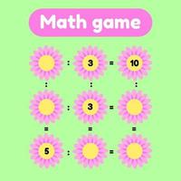 Vector illustration. Math game for preschool and school age children. Count and insert the correct numbers. Division. Glade with pink flowers.