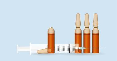 Syringe with Transparent ampoule with substance on blue background. Vector Illustration.