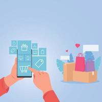 Mantenga el teléfono con la mano toque el icono de compras para compras en línea. bolsas y cajas alrededor. vector