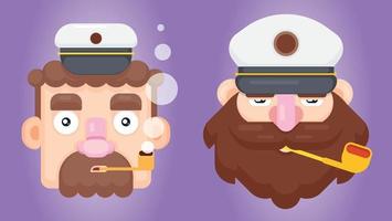 Set of two bearded ship captain or skipper with a pipe and peaked cap. Flat design smoking sailor vector illustration.