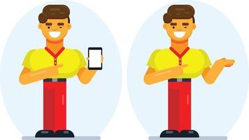 Advertisement for mobile application. Excited flat designed guy showing smartphone with empty screen. Boy pointing copy space. vector