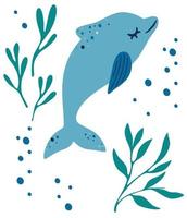 Dolphin and algae. Dolphin Floating Among Sea Weeds. Sea Animal and Wild Underwater Fauna Concept. Marine aquatic mammal animal. Cute Vector flat illustration