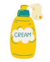 Cosmetic bottle with cream. Lotion in bottle. Natural organic cosmetic. Skin care routine beauty object. Container with dispenser. Foam cosmetic product. Gel in jar. Sunscreen. Vector illustration