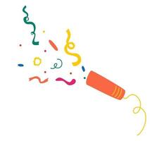 Exploding party popper. Multi-colored confetti are flying out of a firecracker. Holiday, birthday. Confetti, serpentine, tinsel. Vector illustration isolated on a white background