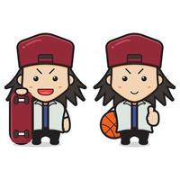 Cute boy holding skateboard and basketball cartoon icon vector illustration