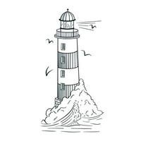 Line Art Lighthouse Engraving Style Vector Illustration