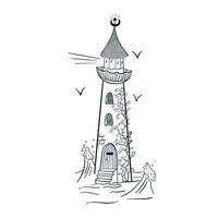 Lighthouse with Ivy Engraving Style Line Art vector