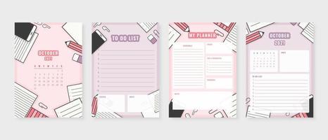 October 2021 - Planner. Modern planner template set. Set of planner and to do list. Monthly, weekly, daily planner template. Vector illustration.