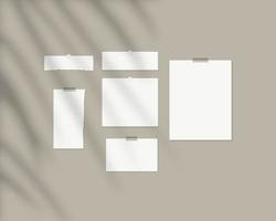 Mood board mockup template. Empty sheets of white paper on the wall with shadow overlay. Mockup vector isolated. Template design. Realistic vector illustration.