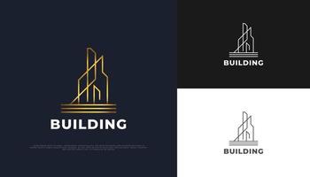 Luxury Gold Real Estate Logo Design with Linear Concept. Construction, Architecture or Building Logo Design Template vector