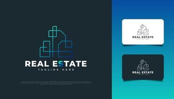 Abstract and Futuristic Real Estate Logo Design in Blue Gradient with Line Style. Construction, Architecture or Building Logo Design Template vector