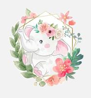 Cute Elephant in Floral Crown and Colorful Flower Wreath Illustration vector