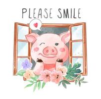 lema de la sonrisa y cerdo lindo en el marco de la ventana y la ilustración de la flor vector