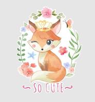 Cute Fox with Crown in Floral Frame Illustration vector