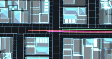 Fiber optic cables carrying information toward glowing wireframe town buildings video