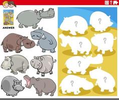 matching shapes game with cartoon hippos characters vector