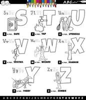 educational cartoon alphabet set from S to Z color book page vector