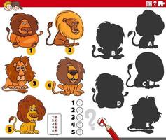 shadows game with cartoon lion characters vector